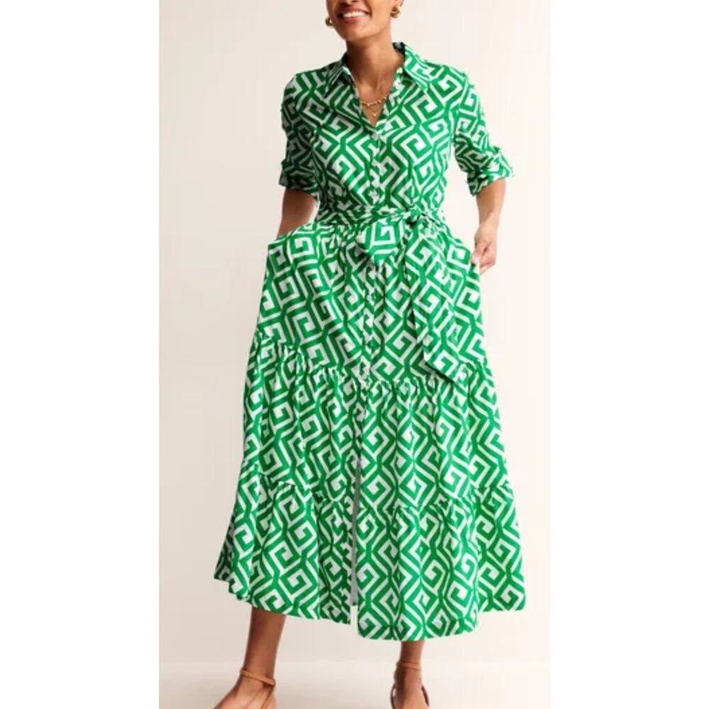 NWT Boden Flo Green and White Geometric Midi Dress